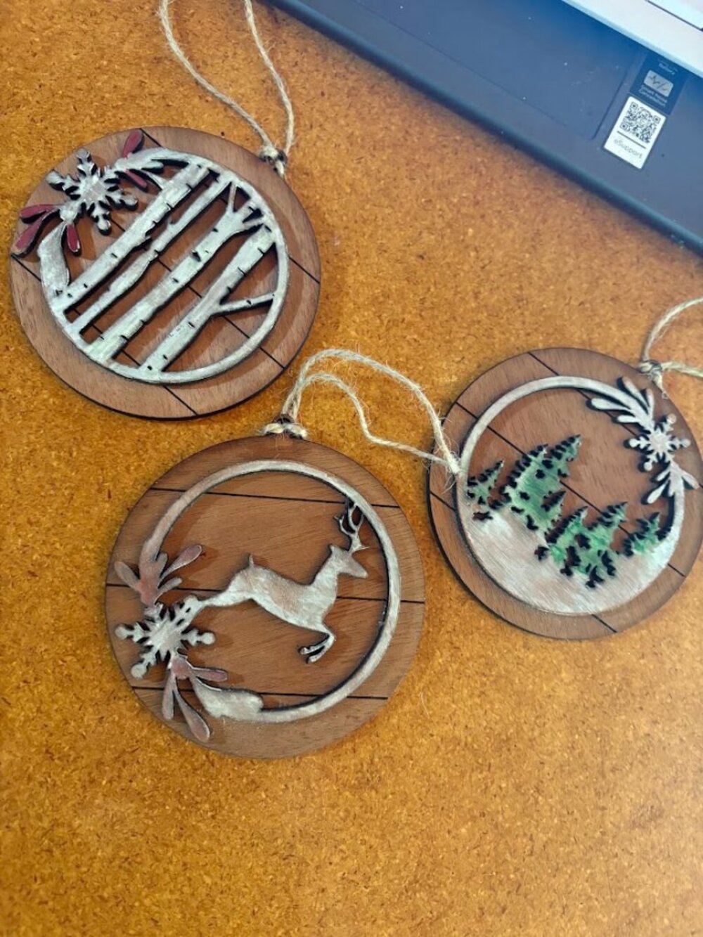 Handmade Laser Cut Wood Christmas Ornaments | Hand Painted Rustic Set of 3